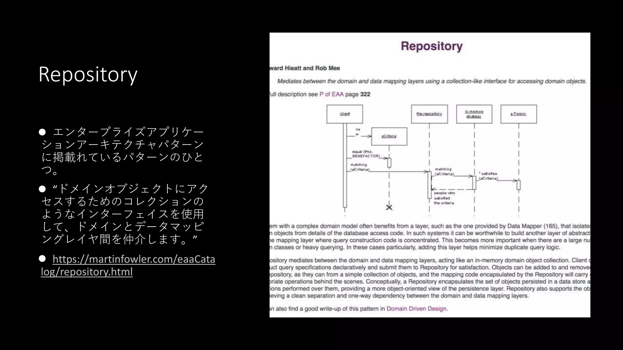 Repository
 エンタープライズアプリケー
ションアーキテクチャパターン
に掲載れているパターンのひと
つ。
 “ドメインオブジェクトにアク
セスするためのコレクションの
ようなインターフェイスを使用
して、ドメインとデータマッピ
ングレイヤ間を仲介します。”
 https://martinfowler.com/eaaCata
log/repository.html
 