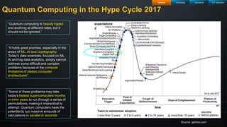 2
Quantum Computing in the Hype Cycle 2017
Source: gartner.com
“Quantum computing is heavily hyped
and evolving at different rates, but it
should not be ignored,”
“It holds great promise, especially in the
areas of ML, AI and cryptography.
Today’s data scientists, focused on ML,
AI and big data analytics, simply cannot
address some difficult and complex
problems because of the compute
limitations of classic computer
architectures”.
“Some of these problems may take
today’s fastest supercomputers months
or even years to run through a series of
permutations, making it impractical to
attempt. Quantum computers have the
potential to run massive amounts of
calculations in parallel in seconds.
ICT OperatorsTechnology OpportunityIndustry
 