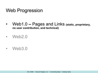 Web Progression Web1.0  –  Pages and Links  (static, proprietary, no user contribution, and technical) Web2.0 Web3.0 