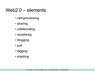 Web2.0 – elements rating/reviewing sharing collaborating socializing blogging pull tagging mashing 