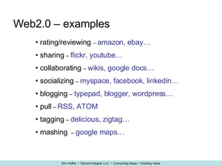 Web2.0 – examples rating/reviewing  –  amazon, ebay… sharing  –  flickr, youtube… collaborating  –  wikis, google docs… socializing  –  myspace, facebook, linkedin… blogging  –  typepad, blogger, wordpress… pull  –  RSS, ATOM tagging  –  delicious, zigtag… mashing  –  google maps… 