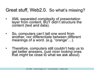 Great stuff, Web2.0.   So what’s missing? XML separated complexity of presentation layer from content, BUT didn’t structure the content (text and data). So, computers can’t tell one word from another, nor differentiate between different meanings of a word. (e.g. “orange”…). Therefore, computers still couldn’t help us to get better answers, (just  nicer looking  ones that  might  be close to what we ask about). 