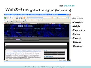 Web2>3  Let’s go back to tagging (tag clouds) See  Del.icio.us Combine Visualize Weight Emphasize Focus Emerge Expose Discover 