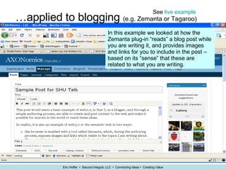 … applied to blogging  (e.g. Zemanta or Tagaroo) See  live example In this example we looked at how the Zemanta plug-in “reads” a blog post while you are writing it, and provides images and links for you to include in the post – based on its “sense” that these are related to what you are writing. 