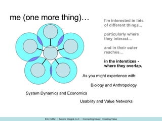 me (one more thing)… I’m interested in lots of different things...  particularly where they interact… and in their outer reaches… in the interstices - where they overlap. Biology and Anthropology System Dynamics and Economics Usability and Value Networks As you might experience with: 