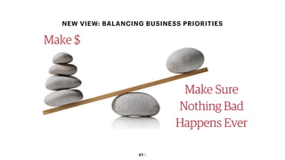 41￼41￼
Make Sure
Nothing Bad
Happens Ever
Make Sure
Nothing Bad
Happens Ever
Make $Make $
NEW VIEW: BALANCING BUSINESS PRIORITIES
 