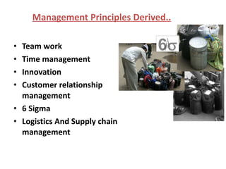 Management Principles Derived.. Team work   Time management Innovation Customer relationship management 6 Sigma Logistics And Supply chain management 