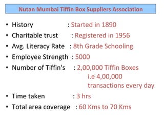 History  :  Started in 1890 Charitable trust  :  Registered in 1956 Avg. Literacy Rate  :  8th Grade Schooling Employee Strength  :  5000 Number of Tiffin's  :  2,00,000 Tiffin Boxes    i.e 4,00,000  transactions every day Time taken  :  3 hrs Total area coverage  :  60 Kms to 70 Kms Nutan Mumbai Tiffin Box Suppliers Association 