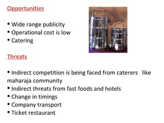 Opportunities Wide range publicity  Operational cost is low  Catering Threats Indirect competition is being faced from caterers  like maharaja community  Indirect threats from fast foods and hotels Change in timings Company transport Ticket restaurant 