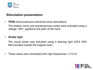 21/08/2015 © The University of Sheffield
• TENS (transcutaneous electrical nerve stimulation)
The median nerve and somatosensory cortex were activated using a
voltage ~80V applied to the palm of the hand.
• Strobe light
The visual cortex was activated using a flashing light (QTX 20W
Mini) located outside the magnet room.
• These areas were stimulated with high frequencies > 2.5 Hz
Stimulation presentation
 