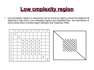 Low cmplexity regionLow cmplexity region

Low-complexity regions in sequences can be found as regions around the diagonal all
obtaining a high score. Low complexity regions are calculated from the redundancy of
amino acids within a limited region [Wootton and Federhen,1993].
 