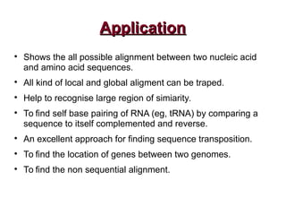 ApplicationApplication

Shows the all possible alignment between two nucleic acid
and amino acid sequences.

All kind of local and global aligment can be traped.

Help to recognise large region of simiarity.

To find self base pairing of RNA (eg, tRNA) by comparing a
sequence to itself complemented and reverse.

An excellent approach for finding sequence transposition.

To find the location of genes between two genomes.

To find the non sequential alignment.
 