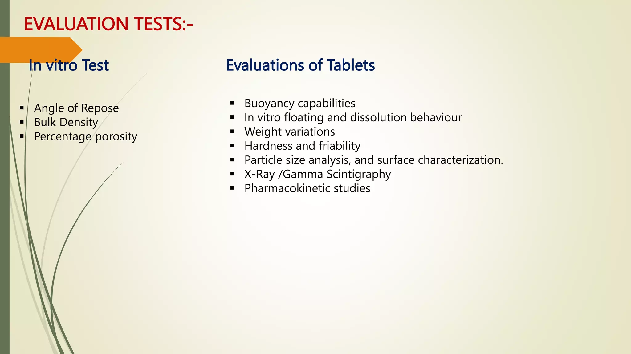 EVALUATION TESTS:-
 Angle of Repose
 Bulk Density
 Percentage porosity
 Buoyancy capabilities
 In vitro floating and dissolution behaviour
 Weight variations
 Hardness and friability
 Particle size analysis, and surface characterization.
 X-Ray /Gamma Scintigraphy
 Pharmacokinetic studies
In vitro Test Evaluations of Tablets
 