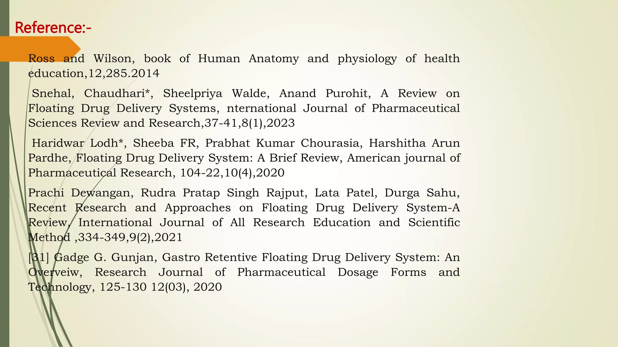 Reference:-
Ross and Wilson, book of Human Anatomy and physiology of health
education,12,285.2014
Snehal, Chaudhari*, Sheelpriya Walde, Anand Purohit, A Review on
Floating Drug Delivery Systems, nternational Journal of Pharmaceutical
Sciences Review and Research,37-41,8(1),2023
Haridwar Lodh*, Sheeba FR, Prabhat Kumar Chourasia, Harshitha Arun
Pardhe, Floating Drug Delivery System: A Brief Review, American journal of
Pharmaceutical Research, 104-22,10(4),2020
Prachi Dewangan, Rudra Pratap Singh Rajput, Lata Patel, Durga Sahu,
Recent Research and Approaches on Floating Drug Delivery System-A
Review, International Journal of All Research Education and Scientific
Method ,334-349,9(2),2021
[31] Gadge G. Gunjan, Gastro Retentive Floating Drug Delivery System: An
Overveiw, Research Journal of Pharmaceutical Dosage Forms and
Technology, 125-130 12(03), 2020
 