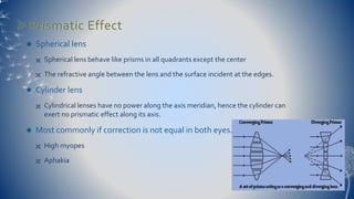  Prismatic Effect 
 Spherical lens 
 Spherical lens behave like prisms in all quadrants except the center 
 The refractive angle between the lens and the surface incident at the edges. 
 Cylinder lens 
 Cylindrical lenses have no power along the axis meridian, hence the cylinder can 
exert no prismatic effect along its axis. 
 Most commonly if correction is not equal in both eyes. 
 High myopes 
 Aphakia 
 