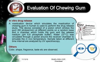 In vitro drug release
A mastication device which simulates the mastication of
chewing gum in human is used to perform the drug release
study. The device consisted of a piston which strokes the
gum (60 strokes/min) at different points on a random base
and a chamber which holds the gum and the release
medium (pH 6.8 phosphate buffer). Water (37°C) was
circulated through a jacket around the receiver chamber to
simulate the in vivo temperature. Sample taken at different
time interval are analyzed by UV spectroscopy.
Others
Color, shape, fragrance, taste etc are observed.
11/13/16 25SNJB's SSDJ COP,
Chandwad
 