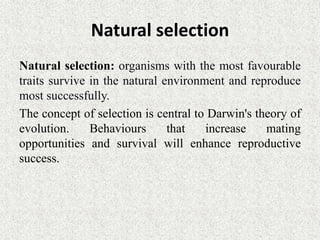 Natural selection
Natural selection: organisms with the most favourable
traits survive in the natural environment and reproduce
most successfully.
The concept of selection is central to Darwin's theory of
evolution. Behaviours that increase mating
opportunities and survival will enhance reproductive
success.
 