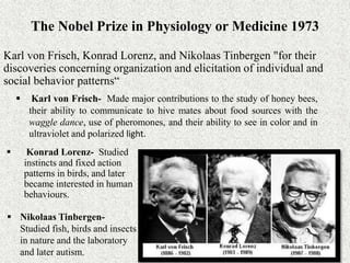 The Nobel Prize in Physiology or Medicine 1973
Karl von Frisch, Konrad Lorenz, and Nikolaas Tinbergen "for their
discoveries concerning organization and elicitation of individual and
social behavior patterns“
 Karl von Frisch- Made major contributions to the study of honey bees,
their ability to communicate to hive mates about food sources with the
waggle dance, use of pheromones, and their ability to see in color and in
ultraviolet and polarized light.
 Konrad Lorenz- Studied
instincts and fixed action
patterns in birds, and later
became interested in human
behaviours.
 Nikolaas Tinbergen-
Studied fish, birds and insects
in nature and the laboratory
and later autism.
 