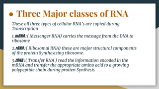 ● Three Major classes of RNA
These all three types of cellular RNA’s are copied during
Transcription
1.mRNA : ( Messenger RNA) carries the message from the DNA to
ribosome
2.rRNA : ( Ribosomal RNA) these are major structural components
of the protein Synthesizing ribosome.
3.tRNA : ( Transfer RNA ) read the information encoded in the
mRNA and transfer the appropriate amino acid to a growing
polypeptide chain during protien Synthesis
 