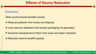 SHWM – Module 2 – MUNICIPAL OF SOLID WASTES HANDLING AND MANAGEMENT  Mr.M.R.Ezhilkumar
Economics
Other environmental benefits include,
 Reduced pollution from trucks and disposal
 Less resource depletion from excess packaging not generated
 Economic development of New York reuse and repair industries
 Reduced need for landfill capacity
14
Effects of Source Reduction
 