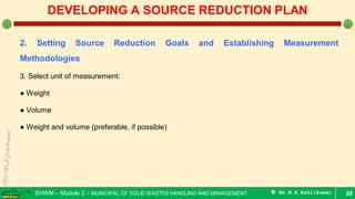 SHWM – Module 2 – MUNICIPAL OF SOLID WASTES HANDLING AND MANAGEMENT  Mr.M.R.Ezhilkumar
2. Setting Source Reduction Goals and Establishing Measurement
Methodologies
3. Select unit of measurement:
● Weight
● Volume
● Weight and volume (preferable, if possible)
28
DEVELOPING A SOURCE REDUCTION PLAN
 
