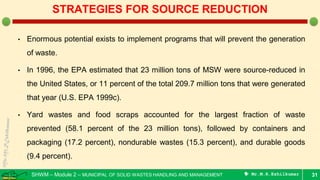 SHWM – Module 2 – MUNICIPAL OF SOLID WASTES HANDLING AND MANAGEMENT  Mr.M.R.Ezhilkumar
• Enormous potential exists to implement programs that will prevent the generation
of waste.
• In 1996, the EPA estimated that 23 million tons of MSW were source-reduced in
the United States, or 11 percent of the total 209.7 million tons that were generated
that year (U.S. EPA 1999c).
• Yard wastes and food scraps accounted for the largest fraction of waste
prevented (58.1 percent of the 23 million tons), followed by containers and
packaging (17.2 percent), nondurable wastes (15.3 percent), and durable goods
(9.4 percent).
31
STRATEGIES FOR SOURCE REDUCTION
 