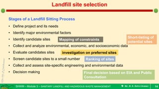 SHWM – Module 3 – SANITARY LANDFILL AND HAZARDOUS WASTE MANAGEMENT  Mr.M.R.Ezhilkumar 14
Landfill site selection
Stages of a Landfill Sitting Process
• Define project and its needs
• Identify major environmental factors
• Identify candidate sites
• Collect and analyze environmental, economic, and socioeconomic data
• Evaluate candidates sites
• Screen candidate sites to a small number
• Collect and assess site-specific engineering and environmental data
• Decision making
Mapping of constraints
Short-listing of
potential sites
investigation on preferred sites
Ranking of sites
Final decision based on EIA and Public
Consultation
 