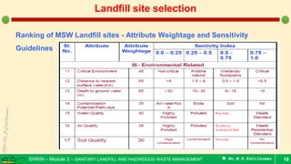 SHWM – Module 3 – SANITARY LANDFILL AND HAZARDOUS WASTE MANAGEMENT  Mr.M.R.Ezhilkumar 18
Landfill site selection
Ranking of MSW Landfill sites - Attribute Weightage and Sensitivity
Guidelines
 
