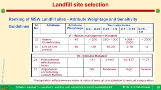 SHWM – Module 3 – SANITARY LANDFILL AND HAZARDOUS WASTE MANAGEMENT  Mr.M.R.Ezhilkumar 20
Landfill site selection
Ranking of MSW Landfill sites - Attribute Weightage and Sensitivity
Guidelines
 