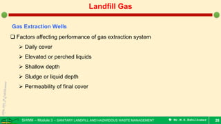 SHWM – Module 3 – SANITARY LANDFILL AND HAZARDOUS WASTE MANAGEMENT  Mr.M.R.Ezhilkumar 28
Landfill Gas
Gas Extraction Wells
 Factors affecting performance of gas extraction system
 Daily cover
 Elevated or perched liquids
 Shallow depth
 Sludge or liquid depth
 Permeability of final cover
 