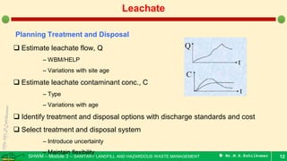SHWM – Module 3 – SANITARY LANDFILL AND HAZARDOUS WASTE MANAGEMENT  Mr.M.R.Ezhilkumar 12
Leachate
Planning Treatment and Disposal
 Estimate leachate flow, Q
– WBM/HELP
– Variations with site age
 Estimate leachate contaminant conc., C
– Type
– Variations with age
 Identify treatment and disposal options with discharge standards and cost
 Select treatment and disposal system
– Introduce uncertainty
– Maintain flexibility
 