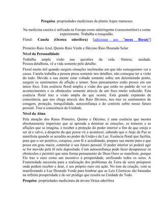 Pesquisa: propriedades medicinais da planta Asper mamosus 
Na medicina caseira é utilizada na Europa como adstringente (vasoconstritor) e como 
expectorante. Trabalha a rouquidão. 
Floral: Canela (Ocotea odorifera) [adicionar aos "meus florais"] 
Primeiro Raio Azul, Quinto Raio Verde e Décimo Raio Dourado Solar 
Nível da Personalidade 
Trabalha ampla visão nas questões da vida. Síntese, unidade. 
Pessoa detalhista, vê a vida somente pelo detalhe. 
Floral muito útil quando surgem situações incômodas em que não conseguimos ver a 
causa. Canela trabalha a pessoa presa somente nos detalhes, não consegue ter a visão 
do todo. Devido a sua mente estar voltada somente sobre um determinado ponto, 
surgem os sentimentos de aflição e temor. Seus pensamentos estão presos em um 
único foco. Esta essência floral amplia a visão dos que estão no padrão de ver os 
acontecimentos e os obstáculos somente através de um foco muito reduzido. Esta 
essência floral traz a visão ampla do que ocorre. Esta grande expansão de 
consciência, que nos chega através dos Raio Divinos, nos traz os sentimentos de 
coragem, proteção, tranquilidade, autoconfiança e do controle sobre nosso futuro 
pessoal. Traz a consciência da Unidade. 
Nível da Alma 
Pela atuação dos Raios Primeiro, Quinto e Décimo, é uma essência que mostra 
absolutamente imperioso que se aprenda a dominar as emoções, os temores e as 
aflições que se imagina, e receber a proteção do poder interior a fim de que esteja o 
ser sã e salvo, a despeito do que possa vir a acontecer, sabendo que o Anjo da Paz se 
manifesta quando se acredita no poder da União e da Luz. Essência floral que facilita, 
para que o ser positivo, corajoso, com fé e acreditando, prepare sua mente para o que 
possa em grau maior, controlar o seu futuro pessoal. O poder interior só poderá agir 
se for movido pela fé nele depositada. Com autoconfiança pode fazer desaparecer os 
obstáculos e permitir que uma forma pensamento do Deus Ouro se manifeste, porque 
Ele traz o ouro como um incentivo à prosperidade, unificando todos os seres. A 
Fraternidade necessita para a realização dos problemas da Terra de seres prósperos 
onde podem receber e doar, é seu próprio ouro em ação. No tom da criação, vem se 
manifestando a Luz Dourada Verde para lembrar que as Leis Cósmicas são baseadas 
na infinita prosperidade e do ser pródigo que resulta na Unidade do Todo. 
Pesquisa: propriedades medicinais da árvore Octea odorifera 
 