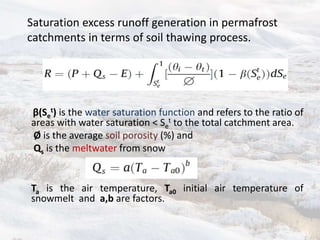 Saturation excess runoff generation in permafrost
catchments in terms of soil thawing process.
β(Se
t) is the water saturation function and refers to the ratio of
areas with water saturation < Se
t to the total catchment area.
Ø is the average soil porosity (%) and
Qs is the meltwater from snow
Ta is the air temperature, Ta0 initial air temperature of
snowmelt and a,b are factors.
 