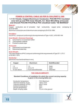 POWER & CONTROL CABLE AS PER IS-1554 (PART-I) 1988
1.1 K.V Grade, Copper/Aluiminum Conductor, PVC/HR PVC Insulated
core laid up and PVC Inner Sheath, G.I. Steel Wire/Strip armoured
and Overall PVC/HR PVC/FRLS PVC sheathed Cable “ISI MARKED”
Material :
Copper conductors are of annealed high conductivity copper wires
IS:8130/1984.
Aluminium conductors are of aluminium wire complying to IS-8130-1984.

complying to

Insulation :
It is of PVC compound conforming to the requirements of Type - A,B,C, of IS-5831-84
Inner Sheath : (Common Covering)
a)
Vulcanised or unvulcanised rubber
b)
Thermoplastic material
c)
Proofed or plastic tape
Armoured :
a)
Galvanised round steel wire
b)
Galvanised steel strip
Outer Sheath :
The outer sheath is of PVC compund conforming to the requirements of Type ST-1, ST-2
of IS-5831-1970
Conductor :
(Nominal Cross Sectional/Area in mm )
2

Copper
1.5
2.5 to 6
10 and above

Aluminium

Solid/Stranded

1.5
2.5 to 10
6 and aboveStranded

Solid
Solid
Stranded

THE CABLES AMPACITY
Standard Conditions of installation for which the current carrying capacity
is given in the ensuing tables are :
Conductor temperature
Thermal resistivity of soil
Thermal resistivity of PVC
Ambient temperature
Ground temperature
Depth of laying cable

15

:
:
:
:
:
:

70 C Maximum
150 C cm/w
650 C cm/w
40 C
30 C
75 cm in the ground
0

0

0

0

0

 