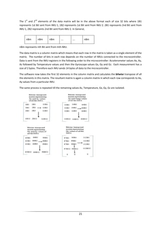21
The 1
st
and 2
nd
elements of the data matrix will be in the above format each of size 32 bits where 1B1
represents 1st Bit sent from IMU 1, 1B2 represents 1st Bit sent from IMU 2. 2B1 represents 2nd Bit sent from
IMU 1, 2B2 represents 2nd Bit sent from IMU 2. In General,
nBm represents nth Bit sent from mth IMU.
The data matrix is a column matrix which means that each row in the matrix is taken as a single element of the
matrix. The number of bits in each row depends on the number of IMUs connected to the microcontroller.
Data is sent from the IMU registers in the following order to the microcontroller: Accelerometer values Ax, Ay,
Az followed by Temperature values and then the Gyroscope values Gx, Gy and Gz. Each measurement has a
size of 2 bytes. Therefore each IMU sends 14 bytes of data to the microcontroller.
The software now takes the first 32 elements in the column matrix and calculates the bitwise transpose of all
the elements in this matrix. The resultant matrix is again a column matrix in which each row corresponds to Ax,
Ay values from a particular IMU.
The same process is repeated till the remaining values Az, Temperature, Gx, Gy, Gz are isolated.
nBm nBm nBm …. …. nBm
 