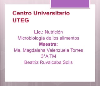 Lic.: Nutrición
Microbiología de los alimentos
Maestra:
Ma. Magdalena Valenzuela Torres
3°A TM
Beatriz Ruvalcaba Solis
 