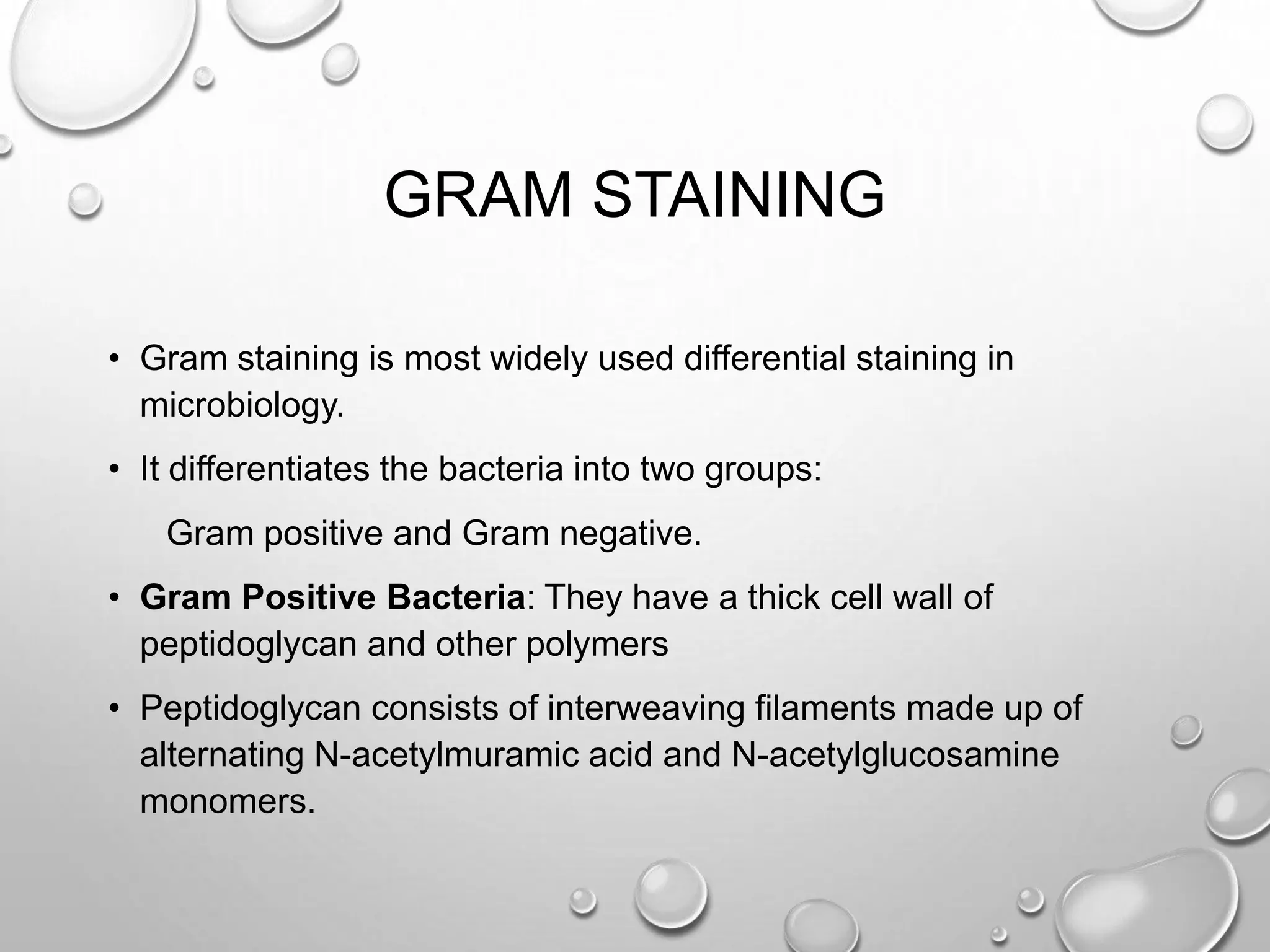 GRAM STAINING
• Gram staining is most widely used differential staining in
microbiology.
• It differentiates the bacteria into two groups:
Gram positive and Gram negative.
• Gram Positive Bacteria: They have a thick cell wall of
peptidoglycan and other polymers
• Peptidoglycan consists of interweaving filaments made up of
alternating N-acetylmuramic acid and N-acetylglucosamine
monomers.
 
