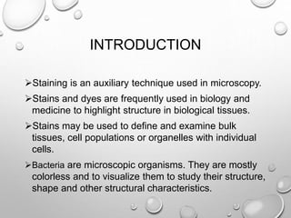 INTRODUCTION
Staining is an auxiliary technique used in microscopy.
Stains and dyes are frequently used in biology and
medicine to highlight structure in biological tissues.
Stains may be used to define and examine bulk
tissues, cell populations or organelles with individual
cells.
Bacteria are microscopic organisms. They are mostly
colorless and to visualize them to study their structure,
shape and other structural characteristics.
 