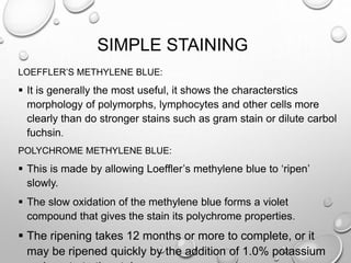 SIMPLE STAINING
LOEFFLER’S METHYLENE BLUE:
 It is generally the most useful, it shows the characterstics
morphology of polymorphs, lymphocytes and other cells more
clearly than do stronger stains such as gram stain or dilute carbol
fuchsin.
POLYCHROME METHYLENE BLUE:
 This is made by allowing Loeffler’s methylene blue to ‘ripen’
slowly.
 The slow oxidation of the methylene blue forms a violet
compound that gives the stain its polychrome properties.
 The ripening takes 12 months or more to complete, or it
may be ripened quickly by the addition of 1.0% potassium
 