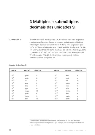 3 Múltiplos e submúltiplos
                            decimais das unidades SI


3.1 PREFIXOS SI             A 11ª CGPM (1960, Resolução 12; CR, 87) adotou uma série de prefixos
                            e símbolos prefixos para formar os nomes e símbolos dos múltiplos e
                            submúltiplos decimais das unidades SI de 1012 a 10-12. Os prefixos para
                            10-15 e 10-18 foram adicionados pela 12ª CGPM (1964, Resolução 8; CR, 94),
                            1015 e 1018 pela 15ª CGPM (1975, Resolução 10; CR 106 e Metrologia, 1975,
                            11,180-181) e 1021, 1024, 10-21, 10-24 pela 19ª CGPM (1991, Resolução 4; CR
                            97 e Metrologia, 1992, 29, 3). Os prefixos e símbolos de prefixos
                            adotados constam do Quadro 5.*



Quadro 5 - Prefixos SI

     FATOR         PREFIXO         SÍMBOLO                         FATOR                   PREFIXO                    SÍMBOLO


          24                                                            -1
     10             yotta              Y                           10                        deci                       d
          21                                                            -2
     10             zetta              Z                           10                        centi                      c
          18                                                            -3
     10             exa                E                           10                        mili                       m
          15                                                            -6
     10             peta               P                           10                        micro                      m
          12                                                            -9
     10             tera               T                           10                        nano                       n
          9                                                             -12
     10             giga               G                           10                        pico                       p
          6                                                             -15
     10             mega               M                           10                        femto                      f
          3                                                             -18
     10             quilo              k                           10                        atto                       a
          2                                                             -21
     10             hecto              h                           10                        zepto                      z
          1                                                             -24
     10             deca               da                          10                        yocto                      y




                            * Estes prefixos representam, estritamente, potências de 10. Eles não devem ser
                            utilizados para exprimir múltiplos de 2 (por exemplo, um kilobit representa 1.000 bits
                            e não 1.024 bits).


32                                                                  S I S T E M A   I N T E R N A C I O N A L   D E   U N I D A D E S   -   S I
 