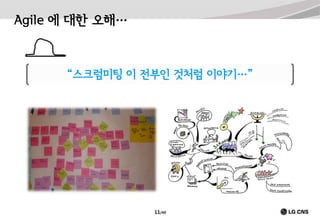 Agile 에 대한 오해…

“스크럼미팅 이 전부인 것처럼 이야기…”

애자일 은 …
아침에 모여서
벽에 Post-it 옮기며
미팅하는 거야 …

11/40

 