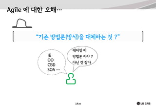 Agile 에 대한 오해…

“기존 방법론(방식)을 대체하는 것 ?”
애자일 이

IE
OO
CBD
SOA …

방법론 이야 ?
아닌 것 같아

14/40

 