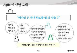 Agile 에 대한 오해…

“애자일 은 국내 하도급 법 과 상충 ?”
애자일

정말

만의 문제

문제가

Agile 과 관계 없이

일까요 ?

관리 회의가 아닌

되나요 ?

모든 미팅 및 회의는

"업무 협의 또는

개인별 진척

하도급 법 위반의
가능성이 있습니다.

“상호 업무 공유 관점에서의 회의 라면…”
15/40

상호 공유"
회의로 인식하도록!

 