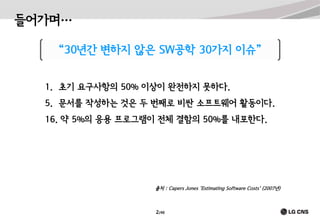 들어가며…
“30년간 변하지 않은 SW공학 30가지 이슈”
1. 초기 요구사항의 50% 이상이 완전하지 못하다.
5. 문서를 작성하는 것은 두 번째로 비싼 소프트웨어 활동이다.
16. 약 5%의 응용 프로그램이 전체 결함의 50%를 내포한다.

출처 : Capers Jones 'Estimating Software Costs‘ (2007년)

2/40

 