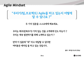 Agile Mindset
“우리가(팀,프로젝트) Agile을 하고 있는지 어떻게
알 수 있나요 ?”
두 가지 질문을 스스로에게 해보세요.
우리는 매주(반복주기) 가치 있는 것을 고객에게 인도 하는가 ?
우리는 계속 발전하기를 위해 노력하고 있는가 ?
만약 이 질문에 "네" 라고 대답할 수 있다면
여러분은 애자일 을 하고 있는 것입니다.
출처 : 애자일 마스터 (233p)

39/40

 