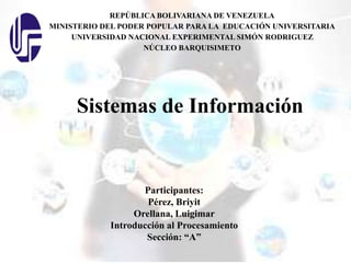 REPÚBLICA BOLIVARIANA DE VENEZUELA
MINISTERIO DEL PODER POPULAR PARA LA EDUCACIÓN UNIVERSITARIA
UNIVERSIDAD NACIONAL EXPERIMENTAL SIMÓN RODRIGUEZ
NÚCLEO BARQUISIMETO
Sistemas de Información
Participantes:
Pérez, Briyit
Orellana, Luigimar
Introducción al Procesamiento
Sección: “A”
 