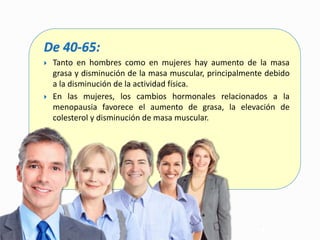 De 40-65:
 Tanto en hombres como en mujeres hay aumento de la masa
grasa y disminución de la masa muscular, principalmente debido
a la disminución de la actividad física.
 En las mujeres, los cambios hormonales relacionados a la
menopausia favorece el aumento de grasa, la elevación de
colesterol y disminución de masa muscular.
 