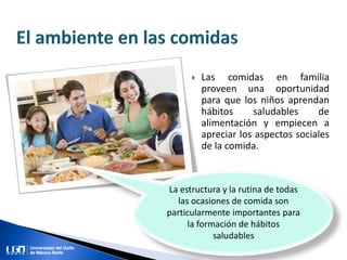  Las comidas en familia
proveen una oportunidad
para que los niños aprendan
hábitos saludables de
alimentación y empiecen a
apreciar los aspectos sociales
de la comida.
La estructura y la rutina de todas
las ocasiones de comida son
particularmente importantes para
la formación de hábitos
saludables
 