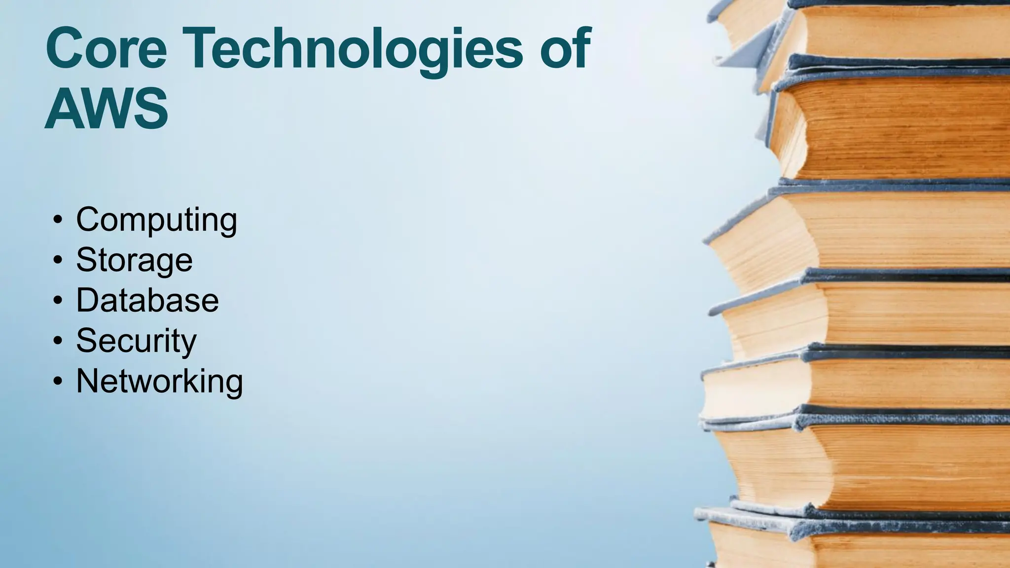 Core Technologies of
AWS
• Computing
• Storage
• Database
• Security
• Networking
 