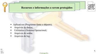Recursos e informações a serem protegidos
 Aplicativos (Programas fonte e objecto);
 Arquivos de dados;
 Utilitários e Sistema Operacional;
 Arquivos de senha;
 Arquivos de log.
02-
nov-
2018 Criptografia
5
 